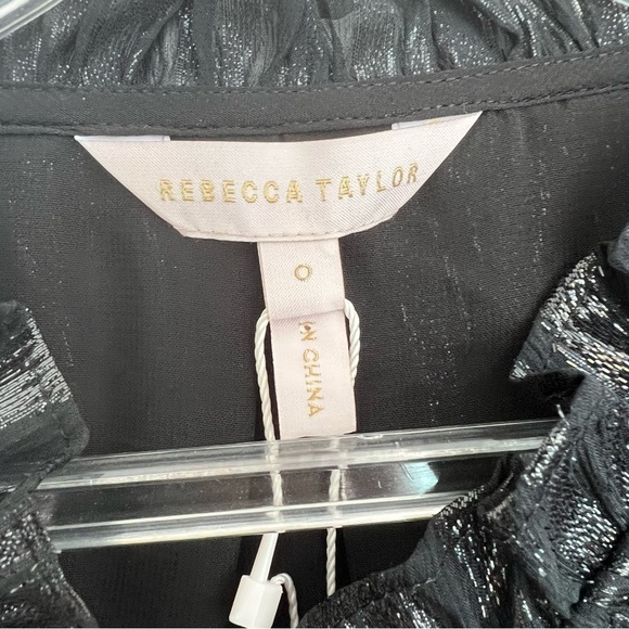 Rebecca Taylor Revolve Shirt Safari Metallic Ruffle Silk Blouse in Black - Picture 9 of 13